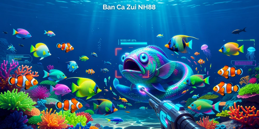 Hình minh họa giao diện trò chơi bắn cá zui nh88 với đồ họa sống động và cá đa dạng.