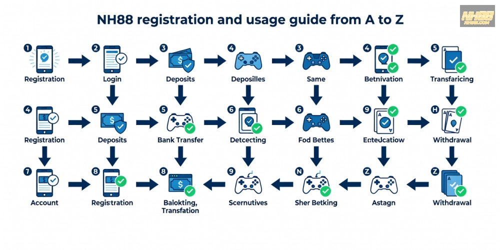 Caption hướng dẫn từng bước đăng ký và sử dụng NH88 qua sơ đồ flowchart minh họa