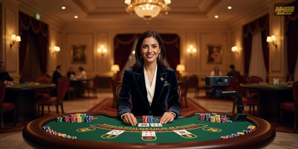 Minh họa khái niệm live casino online nh88 với dealer chuyên nghiệp và bàn chơi thực tế