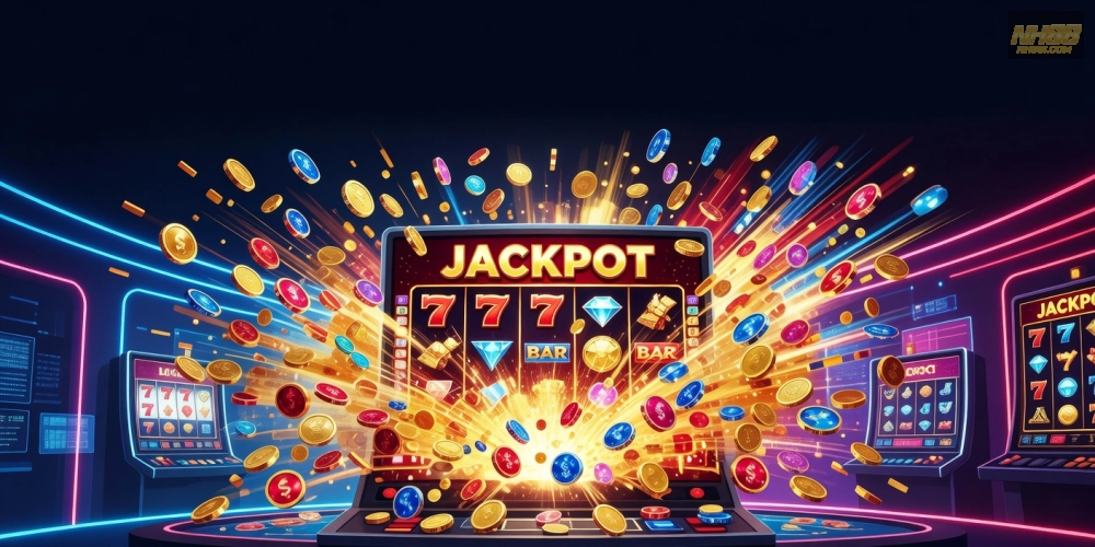 Minh họa jackpot nổ lớn trên nền tảng NH88 với hiệu ứng ánh sáng rực rỡ