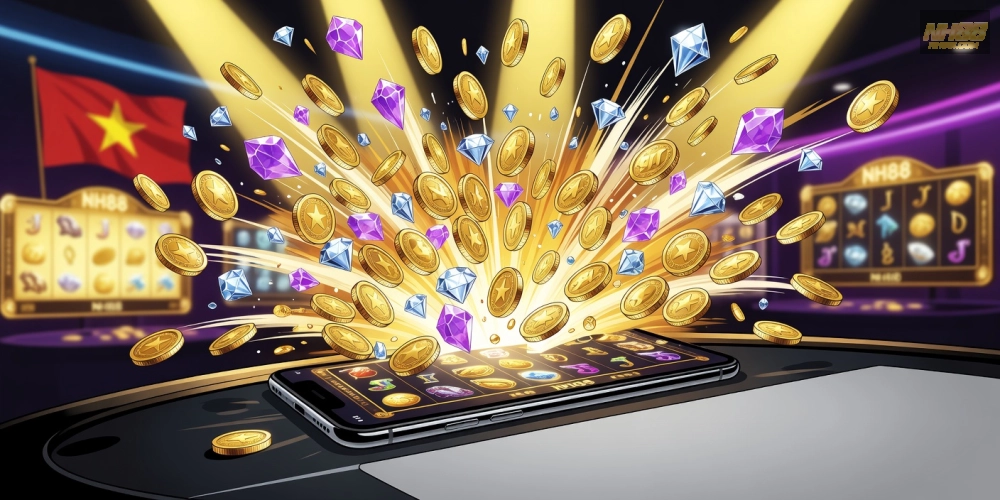 Hình ảnh trải nghiệm nổ hũ mega trên NH88 với hiệu ứng jackpot bùng nổ và phần thưởng lớn.